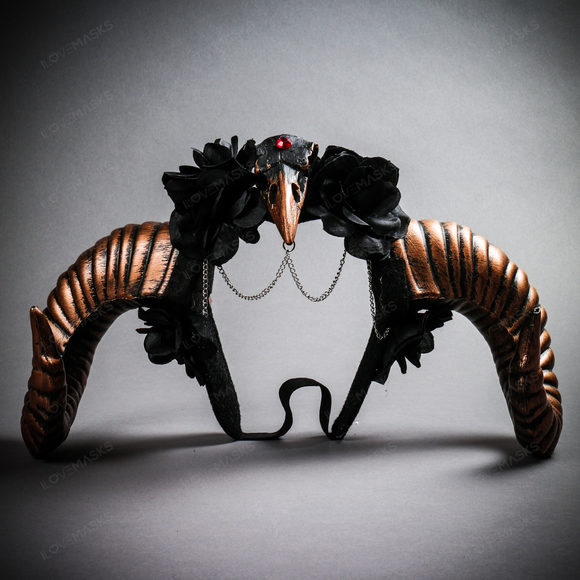 Gothic Demon Raven Skull Large Horn & Rose Headband - Black Copper - Picture 1 of 5